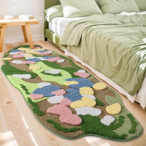 Green Moss Rug for Bedroom, Super Soft Fluffy Runner Rug Bedside Living Room Tufted Carpet, Cute Non Slip Irregular Long Rug, Aesthetic Machine Washable Leaf Rug for Hallway, 2.4' x 6.5' in Saudi Arabia