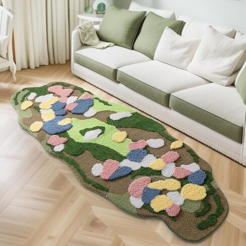Green Moss Rug for Bedroom, Super Soft Fluffy Runner Rug Bedside Living Room Tufted Carpet, Cute Non Slip Irregular Long Rug, Aesthetic Machine Washable Leaf Rug for Hallway, 2.4' x 6.5' in Saudi Arabia