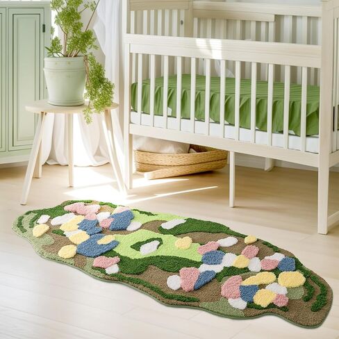 Green Moss Rug for Bedroom, Super Soft Fluffy Runner Rug Bedside Living Room Tufted Carpet, Cute Non Slip Irregular Long Rug, Aesthetic Machine Washable Leaf Rug for Hallway, 2.4' x 6.5' in Saudi Arabia