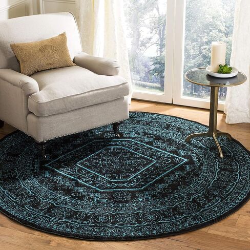 سجادة منطقة مجموعة Safavieh Adirondack - 4' مستديرة، أسود وأزرق مخضر، تصميم ميدالية شرقية، لا يتساقط ويسهل العناية بها، مثالية للمناطق ذات الحركة العالية في غرفة المعيشة وغرفة النوم (ADR108K) in Saudi Arabia