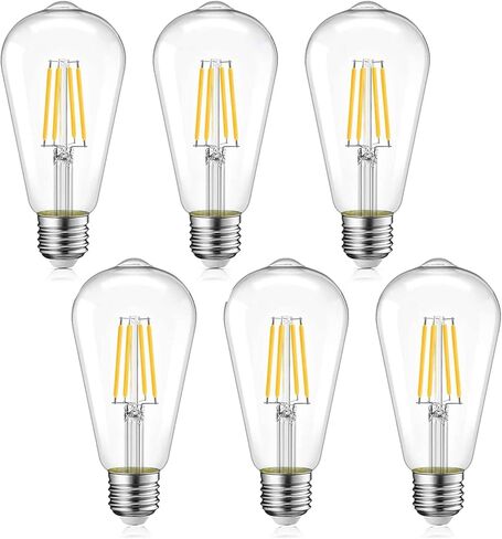 مصابيح Ohniyou Vintage LED Edison 6W، ما يعادل 60W ساطعة، لمبة إضاءة LED، سطوع عالي أبيض 4000K، ST58 لمبات خيوط LED عتيقة مع 80+ CRI، قاعدة E26، غير قابلة للتعتيم، زجاج شفاف، 6 عبوات in Saudi Arabia