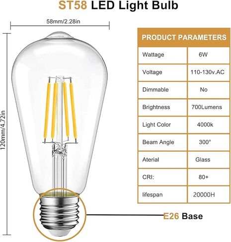 مصابيح Ohniyou Vintage LED Edison 6W، ما يعادل 60W ساطعة، لمبة إضاءة LED، سطوع عالي أبيض 4000K، ST58 لمبات خيوط LED عتيقة مع 80+ CRI، قاعدة E26، غير قابلة للتعتيم، زجاج شفاف، 6 عبوات in Saudi Arabia