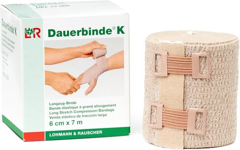 ضمادة ضغط طويلة قابلة للتمدد من Lohmann & Rauscher Dauerbinde K، لفافة الوذمة اللمفية خالية من اللاتكس مصنوعة من 86% قطن، و7% بولي أميد، و7% إيلاستين، بعرض 8 سم × طول 7 متر in Saudi Arabia
