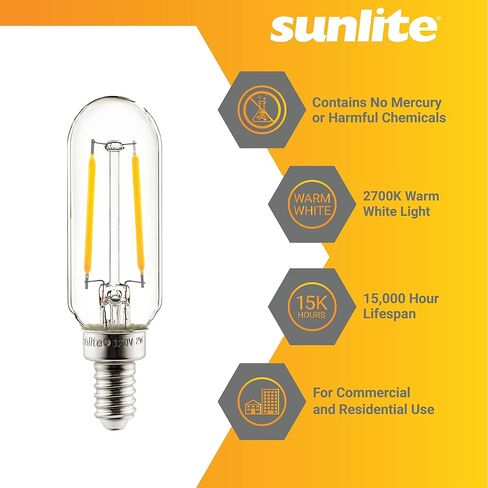 لمبة إضاءة أنبوبية LED بشعيرة T8 من Sunlite، 2 واط (ما يعادل 25 وات)، قاعدة شمعدان E12، قابلة للتعتيم، 85 مم، مدرجة في قائمة UL، 130 لومن، 2700 كلفن أبيض ناعم، 12 قطعة in Saudi Arabia