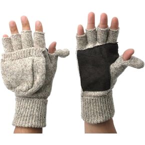 Mens Fingerless Suede Palm Ragg Wool Mitten Gloves w/Finger & Thumb Pullover
