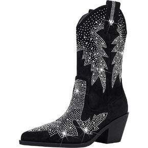 Bapolee Women's Sparkly Rhinestone Bling Cowgirl Suede Western Boots Shiny Pointed Toe Chunky Heel Glitter Ankle Booties
