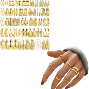 FAXHION Gold Knuckle Rings Set for Women Girls,36 Pairs Gold Hoop Earrings Set for Women Girls