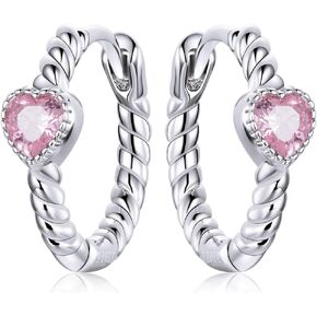 Pink Love Heart Sterling Silver 925 Sleeper Small Hoop Earrings for Women Girls Dainty Rhinestone CZ Crystal Endless Huggie Hoops Cartilage Earring Eternity Love Statement Jewelry Hypoallergenic