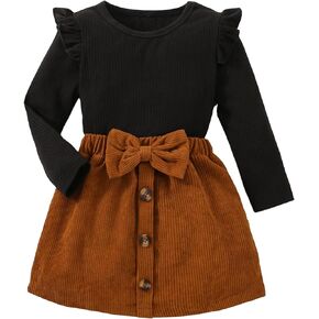 Floerns Girl's 2 Piece Outfit Ruffle Trim Long Sleeve Tee Corduroy Skirt Set