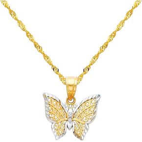 GM Fine Jewelry 14k Two Tone Gold Butterfly Charm Pendant with 1.2mm Singapore Chain Necklace