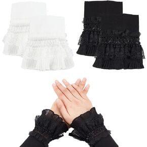 AHANDMAKER 2 Pairs Lace Layered Jabot Cuffs, Floral Lace Cuffs False Sleeves Lace Stretch Wrist Cuffs Women Short Lace Gloves for Wedding Dess Sweater Prom Opera Theme Party