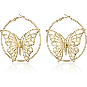 Butterfly Hoop Earrings Hollow Round Butterfly Earrings Big Gold Circle Earrings for Women Girls Jewelry Gifts