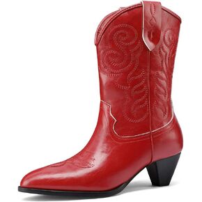Womens Embroidered Cowgirl Boots Pull On Cowboy Boots for Women Floral Low Chunky Heel Western Boots