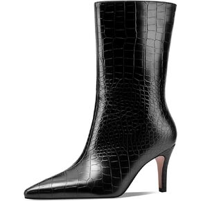 Mingkaigo Mid Calf Boots Women Crocodile Leather Boot Stiletto Heel Wide Calf Booties