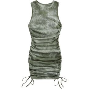 GORGLITTER Women's Tie Dye Ruched Bodycon Mini Dress Drawstring Ribbed Knit Sleeveless Short Dresses