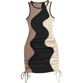 GORGLITTER Women's Tie Dye Ruched Bodycon Mini Dress Drawstring Ribbed Knit Sleeveless Short Dresses