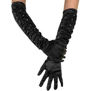 Rhinestone Satin Gloves Black Opera Long Gloves 1920s Gloves Evening Party Gloves for Women and Girls