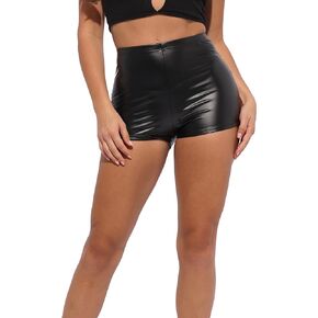 OFENTI Women's Shiny PU Booty Shorts - High Waist Hotpants with Tight Fit - Latex-Like Shorts
