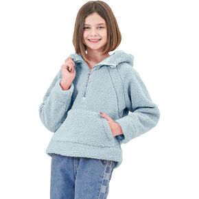 Rolanko Girls Sherpa Pullover Hoodie Half Zipper Fuzzy Hoodie Sweatshirt with Pockets Kids Fleece Tops 4-14 Years