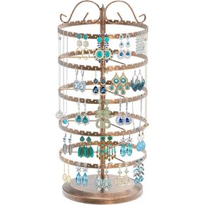 MODOWEY 5 Tier Rotating Earring Holder Organizer, Adjustable Metal Earring Display Stand Rack for Women Girl, 400 Holes and Grooves Earring Tower Tree Organizer for Necklace Bracelet Ring(Bronze)…