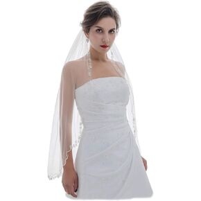 SAMKY 1T 1 Tier Scallop Floral Vine Crystal Pearl Veil - Light Ivory Fingertip Length 36" V581
