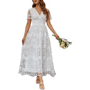 Miessial Women's V-Neck Lace Floral Long Dress Embroidery Cocktail Wedding Guest Boho Maxi Dress