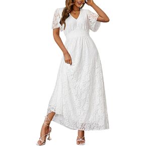 Miessial Women's V-Neck Lace Floral Long Dress Embroidery Cocktail Wedding Guest Boho Maxi Dress