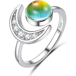 ADRAMATA 925 Sterling Silver Mood Ring Moon Star Open Adjustable Rings for Women 18K White Gold Plated Color Changing Mood Rings Temperature-Control Rings Star and Moon Rings Statement Jewelry