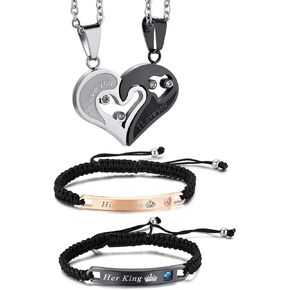 Cupimatch 2 Pairs Couple Matching Necklace Bracelets Set, Adjustable Stainless Steel Rhinestone I Love You Heart Puzzle Necklace His and Hers Bracelets Her King His Queen CZ Bangle Jewelry