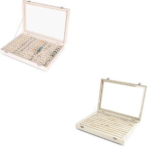 Frebeauty Rings/Earrings Organizer Tray with Clear Lid Bundle:10 Slots Velvet Jewelry box 100 Slots Ring Holder with Transparent Glass lid Jewelry Display Case Showcase Gift for Girls Women (Beige)