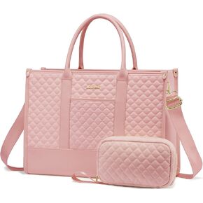LOVEVOOK Laptop Bags for Women, 15.6 inch Waterproof Work Tote Bag with Clutch, Professional Teacher Computer Purse Lightweight Shoulder Bag Travel, Quilted Beige & Brown