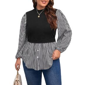 WDIRARA Women's Plus Size Plaid Long Sleeve Ruffle Hem Collared Casual Blouse Top