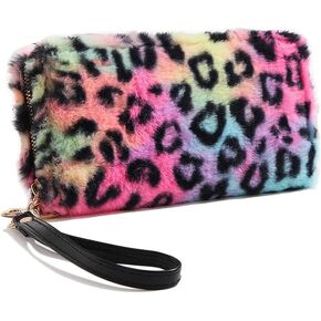 Women Fluffy Leopard Print Fluffy Wallet Bag Faux Fur Plush Tie Dye Rainbow Zipper Purse Coins Card Holder Organizer