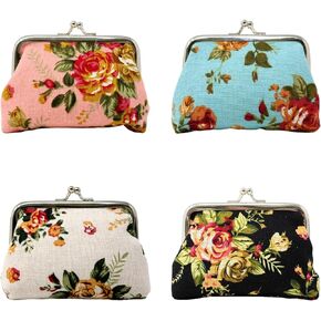 Honbay 4PCS Canvas Floral Rose Flower Coin Purse Kiss Lock Change Purse Vintage Trinkets Pouch Small Women Wallet Clutch Purse