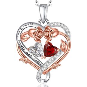 Rose Heart Necklace Gifts for Her, Fine Jewelry 925 Sterling Silver Birthstone Pendant Necklaces Anniversary Birthday Gift for Women Wife Mom Girlfriend Lady Girls