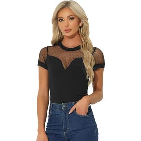 Allegra K Short Sleeve Bodysuit for Women's Mesh Panel V Neck Casual Knit Top