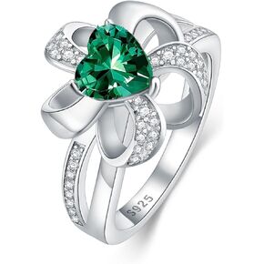 Gnteey Emerald Ring 925 Sterling Silver Flower Ring 6.5X6.5mm Heart Shape Green Emerald Engagement Ring for Women