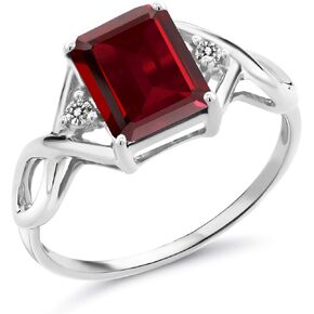 Gem Stone King 925 Sterling Silver Red Garnet and White Diamond Engagement Ring For Women (2.68 Cttw, Emerald Cut 9X7MM, Gemstone Birthstone, Available in Size 5,6,7,8,9)