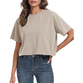 PRIMODA Women's Oversized Workout Cropped T Shirts Crew Neck Short Sleeve Casual Loose Summer Crop Tee Tops Cotton