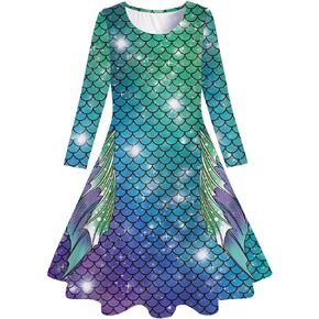 Funnycokid Mermaid Girls Dress Kids Winter Long Sleeve Dresses Birthday Swing Outfit 4-13 Years