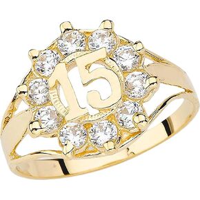 10k Yellow Gold Round Cubic Zirconia Openword Quinceanera "15" Fashion Ring - Size 7