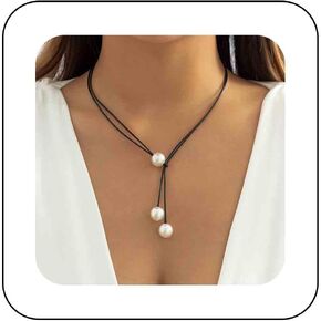 Black Leather Y Necklace Black Cord Pearl Lariat Necklace Vintage Long Suede Necklace Chain Gothic Cord Rope Choker Necklace Jewelry for Women and Girls