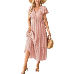 VOTEPRETTY Women's 2024 Fashion Summer Maxi Dresses Boho Beach V Neck Flutter Short Sleeve Tiered Long Dress
