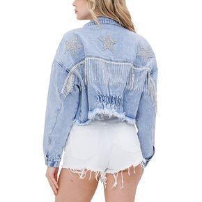 Himythe Women's Casual Beads Fringe Jacket Cropped Tassel Fringe Rhinestone Jean Coat