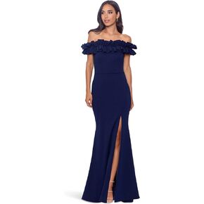Xscape Women's Long Crepe Over-The-Shoulder Ruffle Gown