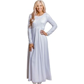 Women's Modest White Full Length Long Sleeve Special Occasion Dress with Lace Bodice and Empire Waist