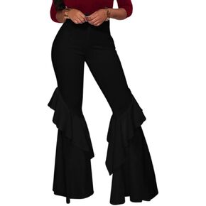 GUOLEZEEV Womens High Waisted Ruffle Flare Fit Pants Solid Color Wide Leg Trousers