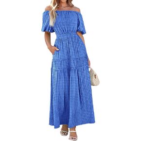 MASCOMODA Off the Shoulder Maxi Dress for Women 2024 Summer Casual Boho Puff Short Sleeve Smocked Ruffle Long Dresses