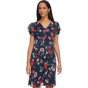 Calvin Klein Women's Short Chiffon Dress with Puff Sleeve