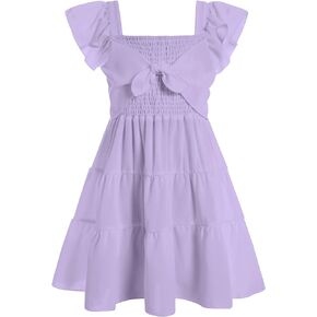 Ahegao 5-12T Girls Dress for Kids Square Neck Flutter Dresses Summer Dressy Frocks